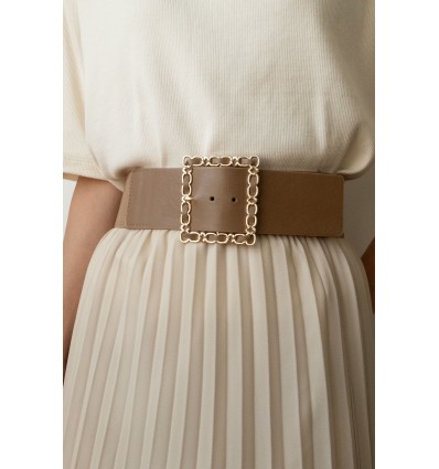 Ceinture large élastique boucle dorée beige - 2