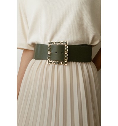 Ceinture large élastique boucle dorée kaki - 2