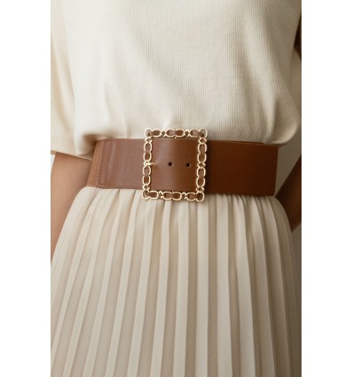 Ceinture large élastique boucle dorée beige - 1