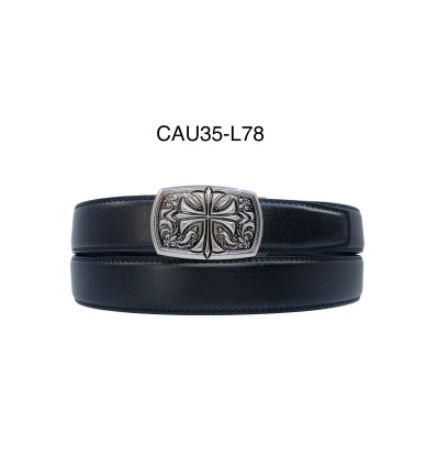 Ceinture automatique boucle crémaillère sans trous en croute de cuir de vachette 3.5 cm - 4
