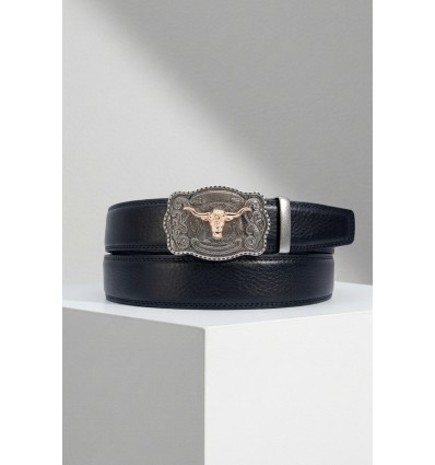 Ceinture automatique boucle crémaillère sans trous en croute de cuir de vachette 3.5 cm - 4